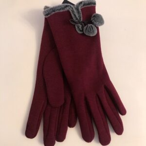 Burgundy gloves with grey edge trim and pompoms