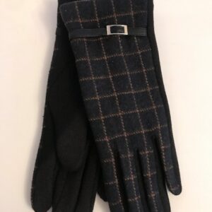 Check gloves with leather buckle strap.