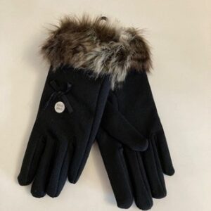 Black gloves with faux fur animal print and silk bow